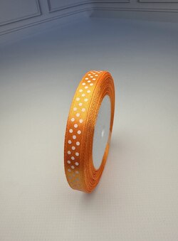 Лента атласная с принтом (горох), цвет оранжевый, ширина 1 см (10мм), бобина 23 м фото Лента атласная с принтом (горох), цвет оранжевый, ширина 1 см (10мм), бобина 23 м