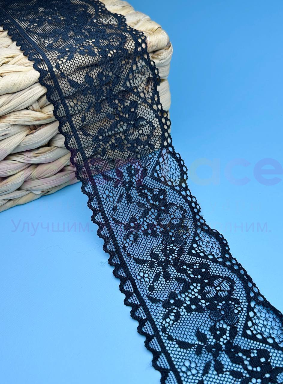 Кружево стрейч узкое, цвет черный, ширина 7 см, KZY24 фото