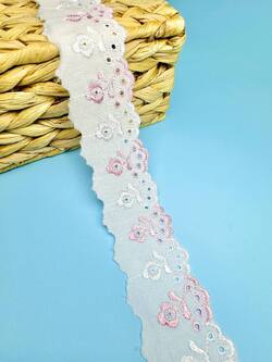 Кружево прошва с розовой вышивкой, ширина 4 см, длина 9м, PRZ2