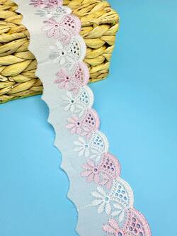 Кружево прошва с розовой вышивкой, ширина 5 см, длина 9м, PRZ9