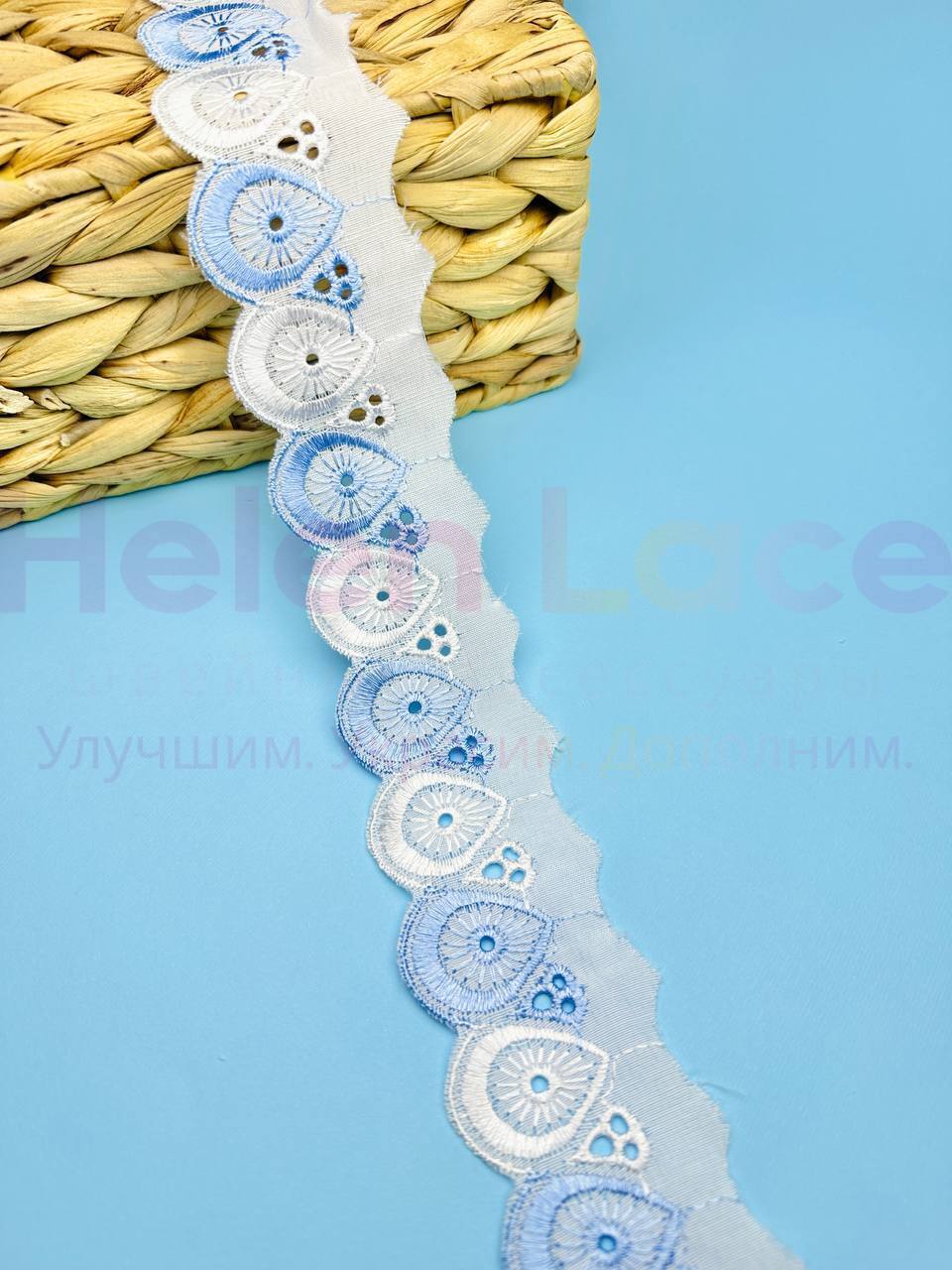 Кружево прошва с голубой вышивкой, ширина 4 см, длина 9м, PRZ11 фото