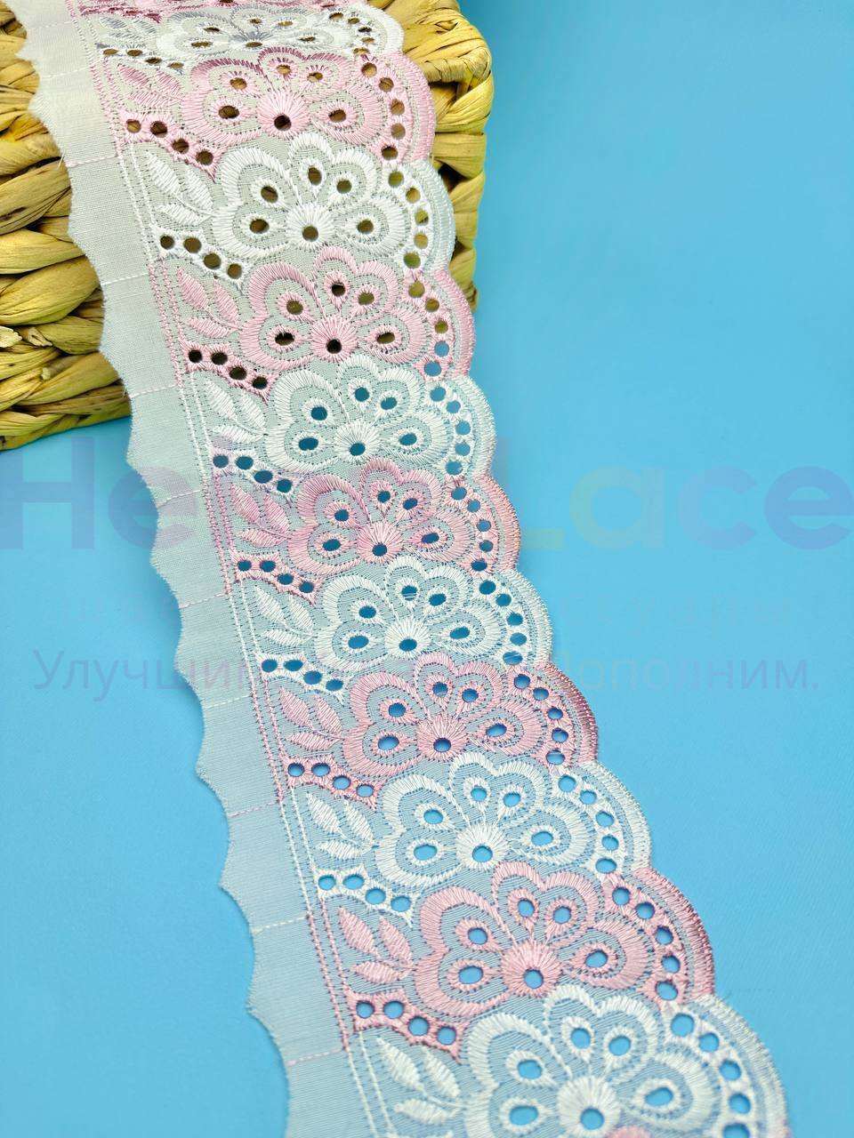 Кружево прошва с розовой вышивкой, ширина 8,5 см, длина 9м, PRZ17 фото