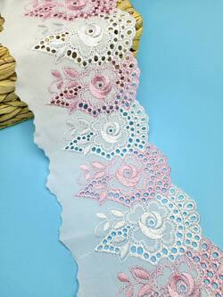 Кружево прошва с розовой вышивкой, ширина 13 см, длина 9м, PRZ19