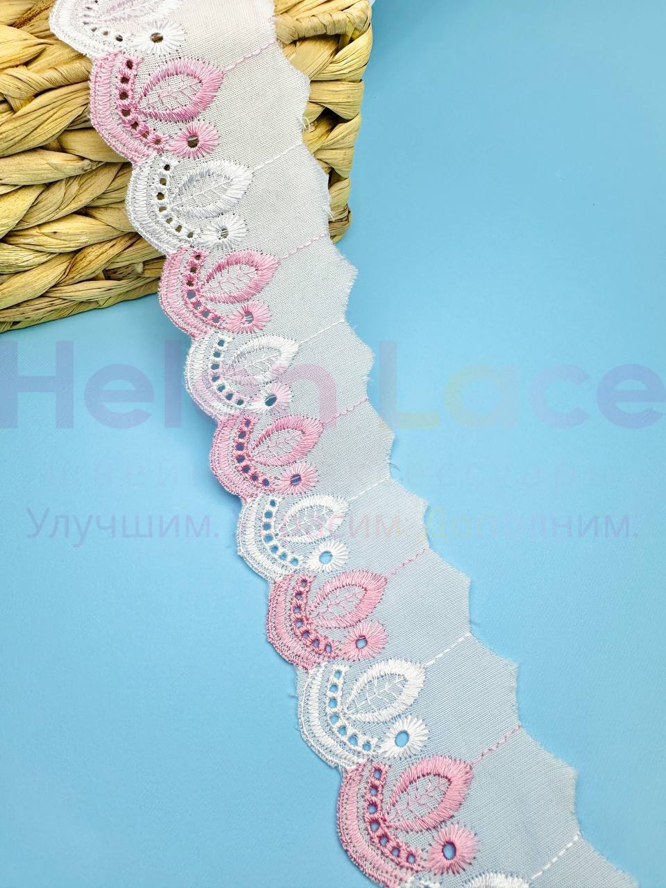 Кружево прошва с розовой вышивкой, ширина 5 см, длина 9м, PRZ22 фото
