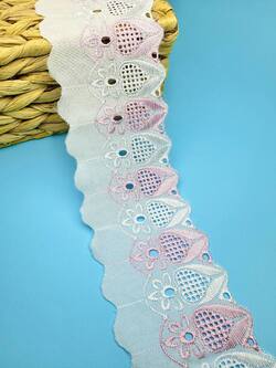 Кружево прошва с розовой вышивкой, ширина 8 см, длина 9м,PRZ23 