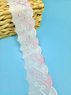 Кружево прошва с розовой вышивкой, ширина 6 см, длина 9м,PRZ26