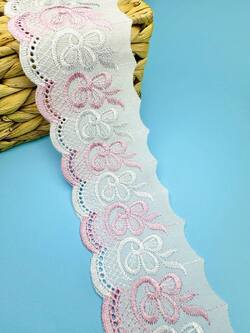 Кружево прошва с розовой вышивкой, ширина 8 см, длина 9м,PRZ33